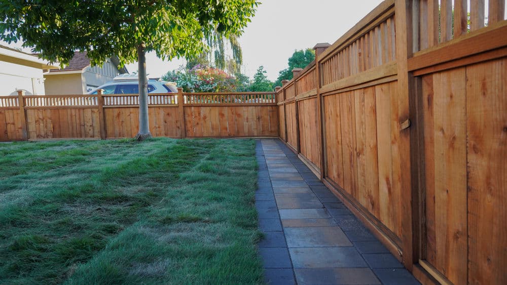 Wooden fence along a walkway in a grassy yard, with trees in the background.