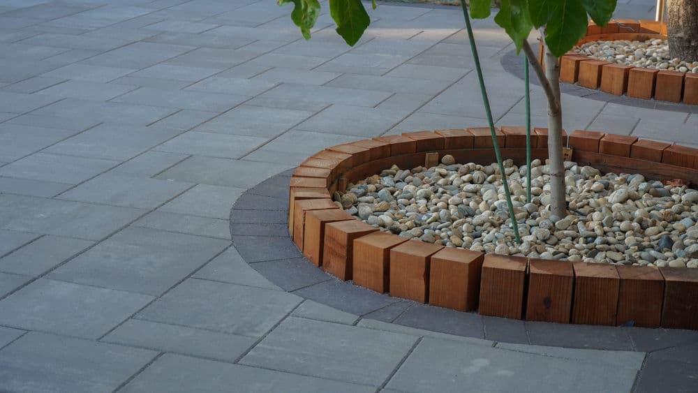 Patio area with paver stones, wooden tree borders, and decorative gravel mulch.