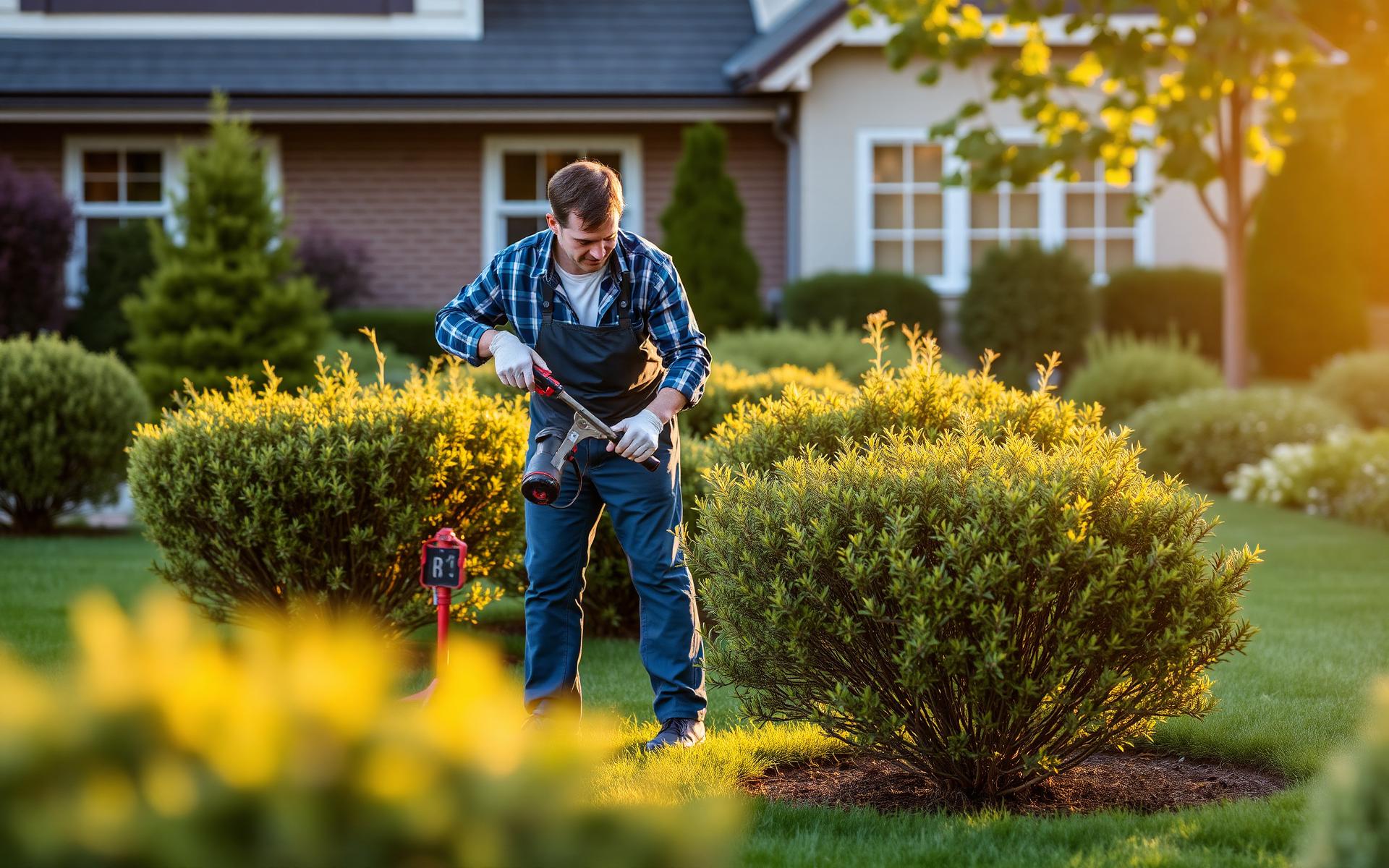 Professional gardener maintaining a residential landscape
